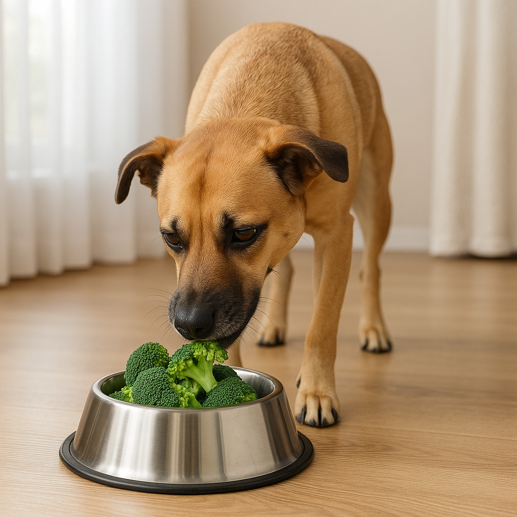 Hund, der vorsichtig Brokkoli aus dem Napf frisst – langsame Einführung und kleine Portionen