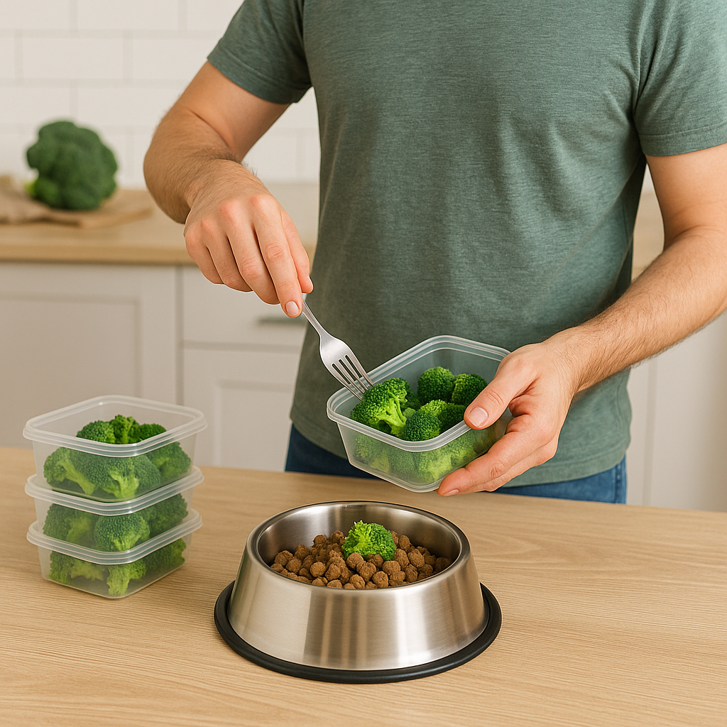 Hundebesitzer bereitet Brokkoli-Portionen vor und mischt sie ins Futter