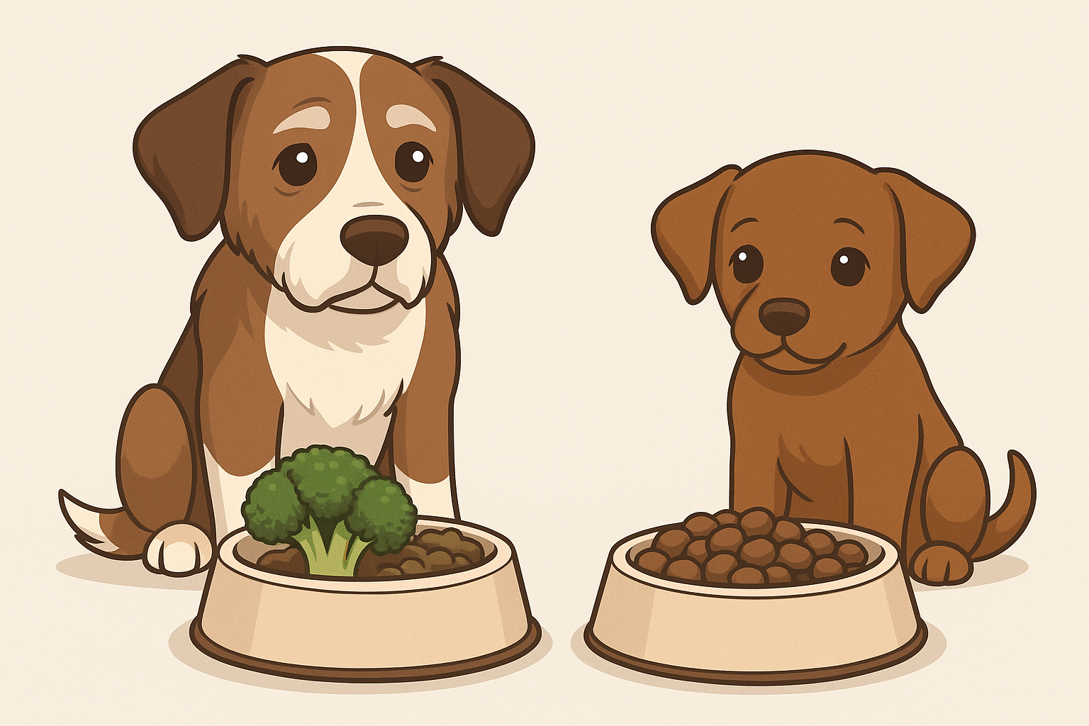 Welpe und Seniorhund mit Futternäpfen und Brokkoli als Ergänzungsfutter