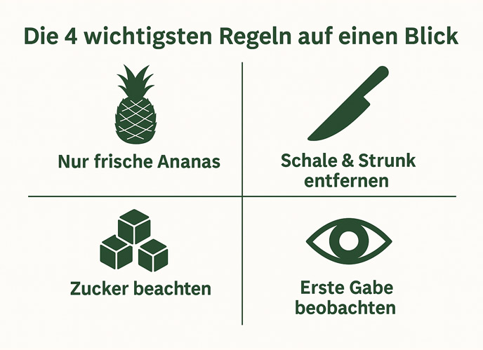 Die 4 wichtigsten Regeln für Hunde beim Fressen von Ananas – frische Ananas verwenden, Schale und Strunk entfernen, Zuckergehalt beachten, erste Fütterung sorgfältig beobachten.