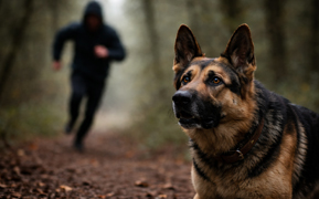 Hund fokussiert eine bewegte Person im Hintergrund und wirkt angespannt aufmerksam