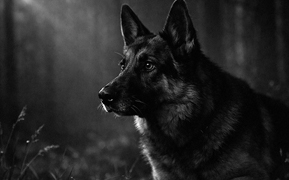 Hund wirkt in dunkler Umgebung aufmerksam und orientiert