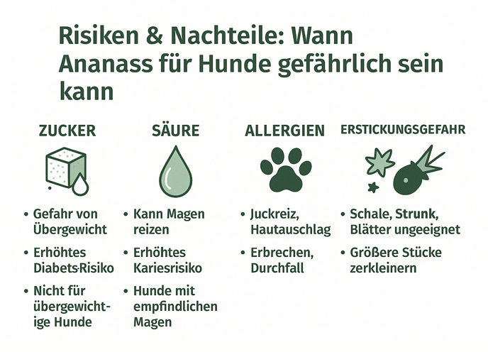 Risiken und Nachteile von Ananas für Hunde. Vier Spalten mit Icons und Stichpunkten. Bereich Zucker: Risiko für Übergewicht, erhöhtes Diabetesrisiko, nicht geeignet für übergewichtige Hunde. Bereich Säure: Kann den Magen reizen, erhöhtes Kariesrisiko, problematisch für Hunde mit empfindlichem Magen. Bereich Allergien: Juckreiz, Hautausschlag, Erbrechen und Durchfall. Bereich Erstickungsgefahr: Schale, Strunk und Blätter ungeeignet; große Stücke müssen zerkleinert werden. Weißer Hintergrund, grüne Symbole.