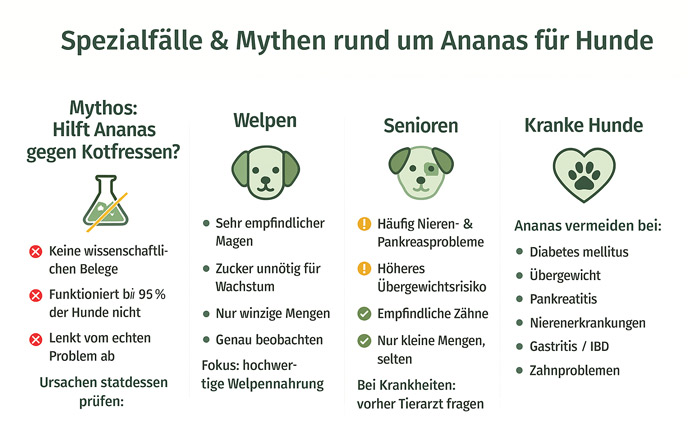 Infografik zu Mythen und Spezialfällen bei Ananas für Hunde: Hinweise zu Kotfressen, Welpen, Senioren sowie Krankheiten wie Diabetes, Übergewicht und Pankreatitis.