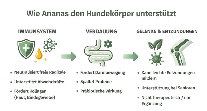 Wie Ananas den Hundekörper unterstützt – dargestellt in drei Bereichen: Immunsystem (Vitamin C, Antioxidantien, freie Radikale), Verdauung (Bromelain, Darmbewegung, Proteinspaltung, präbiotische Wirkung) sowie Gelenke und Entzündungen (leichte entzündungshemmende Unterstützung, kein therapeutischer Effekt).